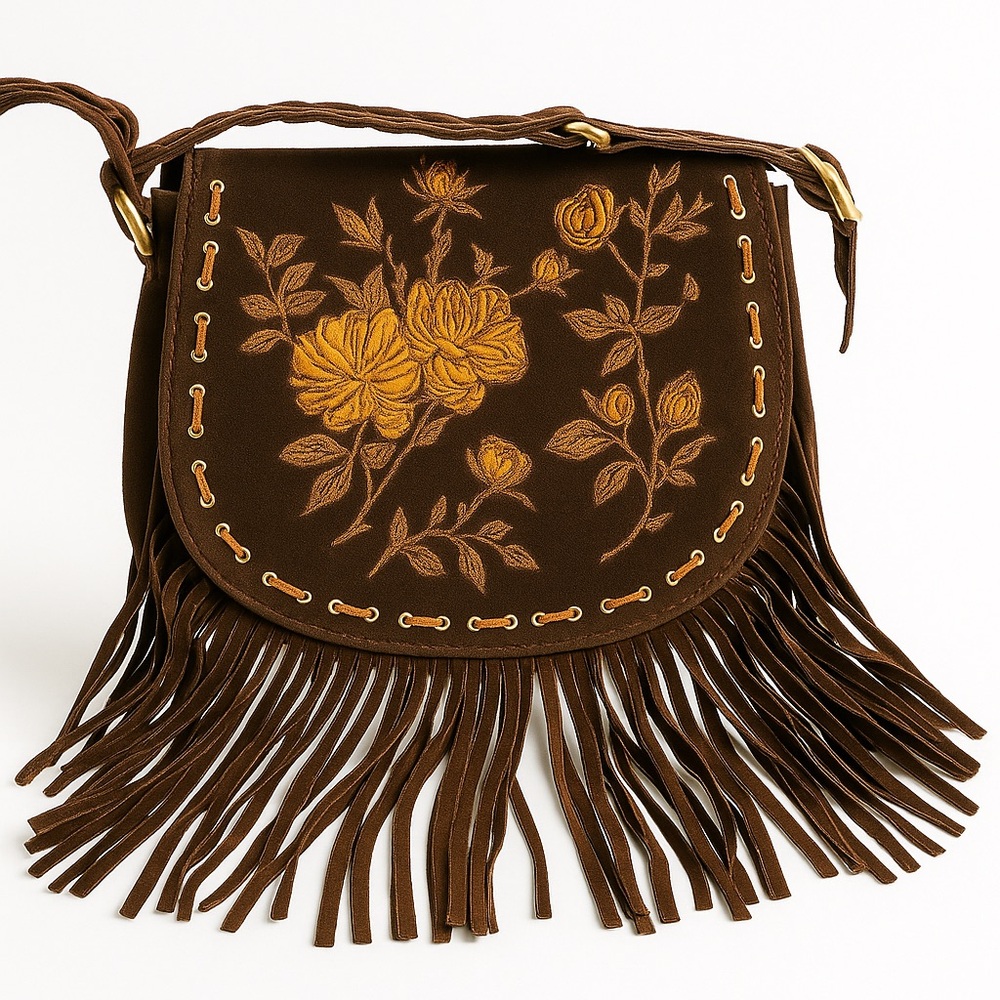 Isabella Fiore Brown Suede Embroidered Floral Fringe Boho Shoulder Bag –Rare Y2K